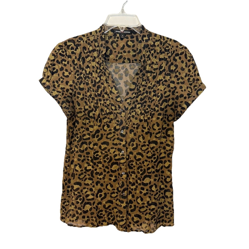Vintage Express Women's Silk Leopard Cheetah Animal Blouse Top Shirt Sheer MED